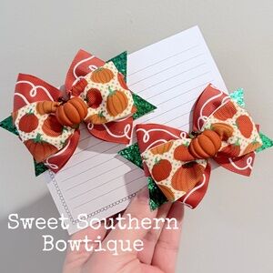 Pumpkin Tuxedo Stacked Hair Bow Pair Set